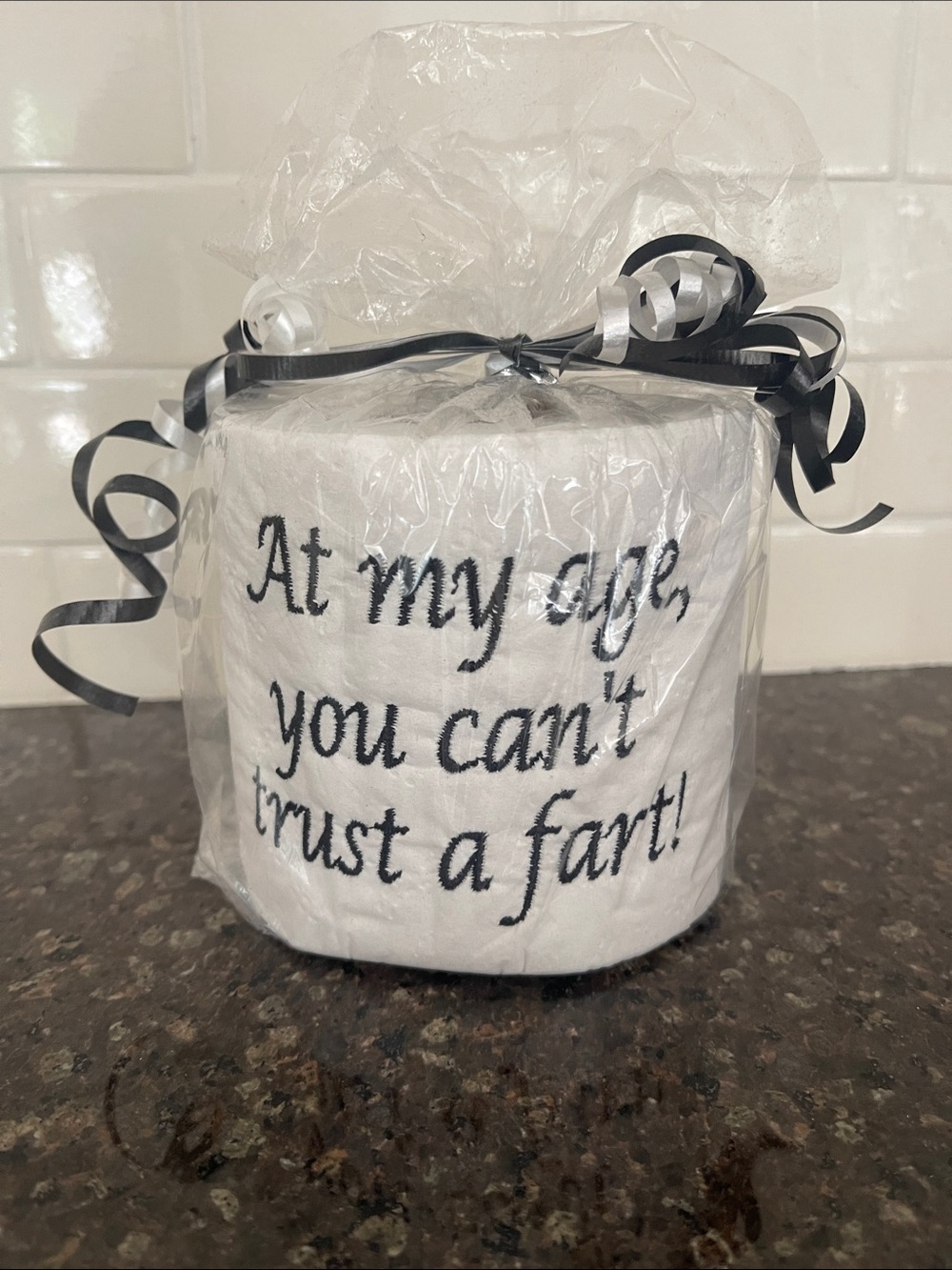 Humorous Embroidered White Toilet Paper Roll - Novelty Bath Gift at my age new